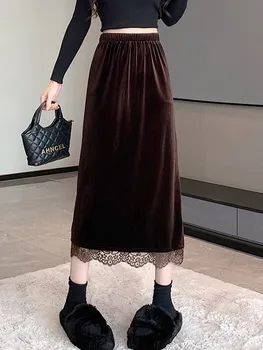 Moterys Laisvalaikio ilgi sijonai Naujas 2023 m. ruduo Korėjietiškas stilius Vintažiniai nėriniai Vienspalviai Aukštos juosmens ponios Elegantiškas A linijos sijonas W1434