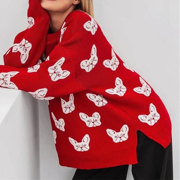 Moterys Rudens megztiniai ilgomis rankovėmis O Kaklas Laisvi laisvalaikio džemperiai Animal Print Split Sweet Girl Pullover Žieminiai megztiniai