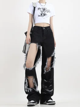 Moterų juodoji skylė Nelaimingo dizaino džinsai Vasaros naujas gatvės hiphopas Neutralus stilius Laisvos tiesios plačios kojos džinsinės kelnės