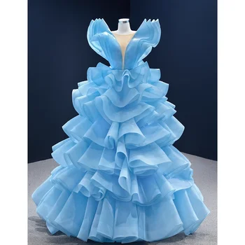 Mėlyna V-Neck Prom suknelė Elegantiška pakopinė plisuota Ruched Grindų ilgis Vakariniai chalatai Fashion Sweep Train A-Line moterų vakarėlio suknelė