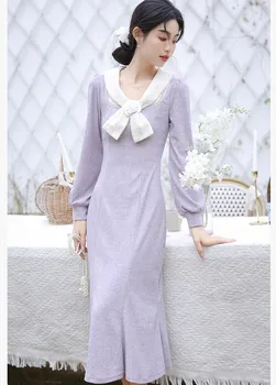 Nauja elegantiška pavasarinė violetinė megzta undinės suknelė Prancūzų moterys nėriniai O Kaklas Pūstos rankovės Plonas Bodycon Biuro ponios Ilgi drabužiai