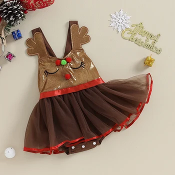 Naujagimė mergaitė Kalėdiniai drabužiai ilgomis rankovėmis raukiniai Romper suknelė Kombinezonas su galvos juostos aprangos komplektu