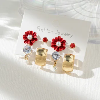 Naujas geometrinės formos metalinių moteriškų auskarų rinkinys 4 dalių prabangūs ir elegantiški perlų auskarai moterims