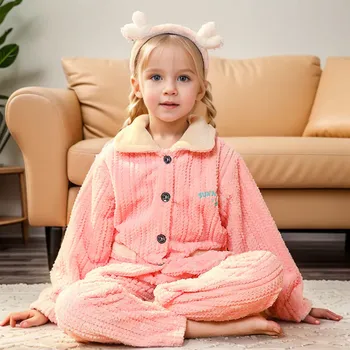 Nauji vaikai Flanelinių pižamų rinkiniai Berniukai Mergaitės Ruduo Žiema Sutirštinti šiltus namus Dėvėti animacinį filmuką Atvartas Ilgomis rankovėmis Miego drabužių rinkiniai