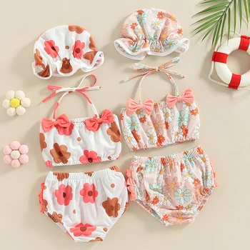 Nauji vasaros mergaičių trijų dalių maudymosi kostiumėliai Fashion Toddle Floral Print Halter Bikini Set maudymosi kostiumėlis su maudymosi kepuraite