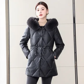 New Women Winter Casual Hooded Leather Down Jacket Fashion Warm Real Fox Fur Collar Drawrope Sheepskin Down Coat Split Leather