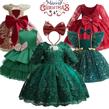 Nėriniuota mergaitės suknelė gimtadieniui Vestuvinė princesės suknelė 1-5 m. žalia/raudona kalėdinė vakarėlio suknelė mergaitėms Oficiali prom suknelė
