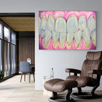 Odontologiniai dantys visiškai rožiniai meniniai horizontalūs plakatai, odontologo kabineto dovanų dekoravimas