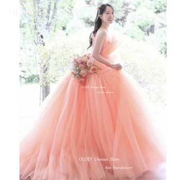 OLOEY Princess Pink Tulle Korea vestuvių fotosesija Be petnešėlių pakopiniai vakariniai chalatai Sodo nuotaka Mariage Prom Proginė suknelė