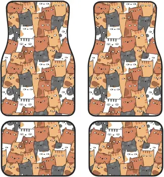 Oranžinės katės automobilių pėdų kilimėlių rinkinys iš 4 madingų spausdintų neopreno automobilių grindų kilimėlių pilnas komplektas daugumai autokrautuvų furgonų visureigių