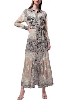 Pavasario ruduo Aukštos kokybės Moterų vintažinis elegantiškas laisvalaikio vakarėlis ilgomis rankovėmis Midi Print marškiniai Suknelė Kilimo ir tūpimo takas Nauja dizainerio mada