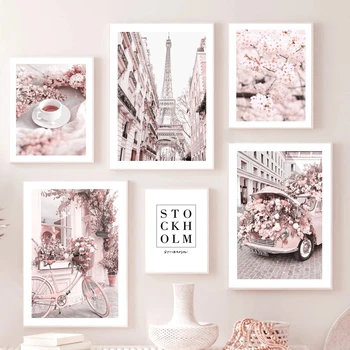 Pink Paris Tower Canvas Paitning Plakatas ir atspaudai Palangė Gėlių automobilis Dviratis Šiaurės šalių sienos meno paveikslėliai svetainės dekorui
