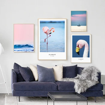 Pink Sand Beach Sea Flamant plakatai Šiaurės šalių sienų meno drobės tapyba ir spaudiniai Peizažiniai paveikslėliai svetainės namų dekorui
