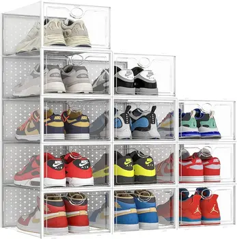 Pinkpum Extra Large Large Shoe Storage Boxes XXL Large Clear Plastic Stackable Shoe Organizer 12 Pack Sneaker Storage for Men Sh