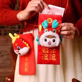 Pliušinė monetų piniginė pinigų pakavimo krepšys raudonas pakelis laimingų pinigų piniginė 2024 m. raudono voko animacinis filmas Hongbao drakono metų talismanas