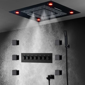 Prabangūs dušo maišytuvai 6 funkcijos LED dušo galvutės viršutinė rūko dalis Didelis kritulių krioklys Kūno purkštukai Masažinis termostatinis didelio srauto vožtuvas