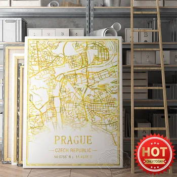 Praha Čekija Aukso folijos linijos žemėlapio meno plakatas, 