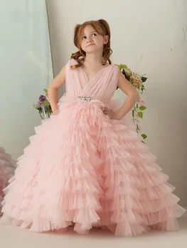 Princesės vestuvinė suknelė Tiulis V kaklas be rankovių Pirmosios komunijos gėlių mergaitės suknelė Gimtadienio vakarėlis Prom Pageant Ball Gown