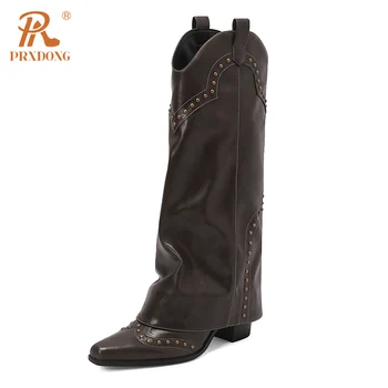 PRXDONG moteriški batai 2023 Naujas prekės ženklas Natūralios odos aukštakulniai Kniedės Juoda ruda Retro suknelė Party Casual Knee High Boots 39