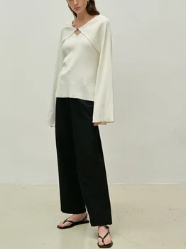 Pullover for Ladies 2023 V-neck Fake Two Pieces Splicing Shawl Slim Elegant megztinis ilgomis rankovėmis