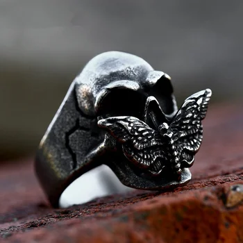 Punk Gothic Death's Head Skull Moth Butterfly Nerūdijančio plieno vyriški žiedai Madingi unikalūs vyrams Baikerių papuošalų dovanų didmeninė prekyba