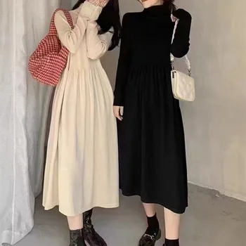 Pusė aukštos apykaklės Ilgos dresės moterims Megzta suknelė apvaliu kaklu Laisvos suknelės Elegantiška suknelė Korėjietiškas vakarėlis 2023 m. ruduo Vestidos