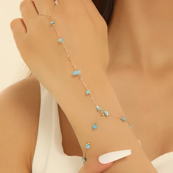 QIAMNI Creative Bohemia Blue Stone Finger Wrist Chains Rings Bracelets Women Belly Dancer Connecting Hand Harness Bangle Jewelry