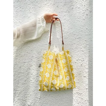 Rankinė per petį Naujas madingas geltonas siuvinėjimas Tote Daily Lengvas Casual Paprastas Saldus laisvalaikio pirkinių krepšys moterims