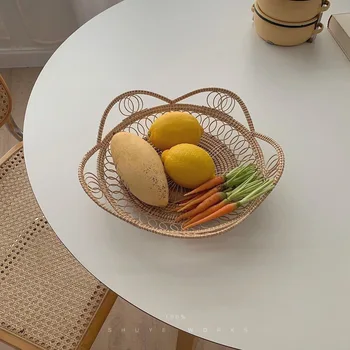 Rankų darbo korėjietiško stiliaus rotango austas vaisių krepšelis Gėlių forma Rankomis austos lėkštės duonos krepšelio fotografija Rekvizitai 빵 바구니 촬영 도구