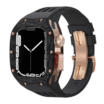 Real Carbon Fiber Modification Kit Case for Apple Watch Series 9 8 7 6 SE 5 4 45mm 44mm Mod Kit Metalinis rėmelio dirželis, skirtas iWatch 8 7