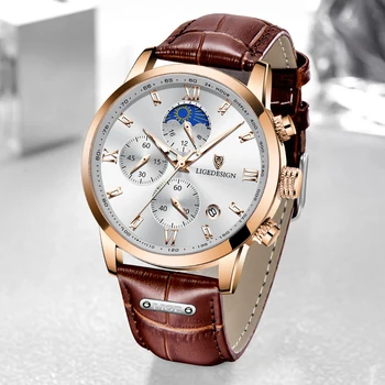 Relogio Masculino LIGE Business Vyriški laikrodžiai Visiškai prabangūs odiniai vandeniui atsparūs sportiniai kvarciniai chronografai Karinis laikrodis Vyriškas laikrodis