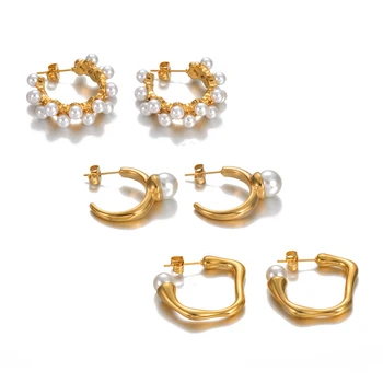 Retro imitacijos perlų lankų auskarai aukso spalvos nerūdijantis Stee žydas Nauji metaliniai priedai atsparūs vandeniui