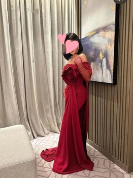 Romantiška raudona satino undinėlė Valties kaklas nuo pečių grindų ilgis ilgomis rankovėmis Oficiali proga Prom suknelės Vakarinė vakarinė suknelė