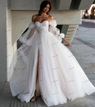 Romantiškos vestuvinės suknelės 2024 A-Line Illusion Nuotakos chalatai Tiulis Seksualūs chalatai nuo peties pusės Split Vestidos de Novia 2023