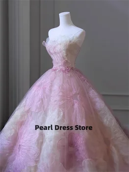 Rožinė 3D lipdukų gėlė Oficiali suknelė Elegantiška suknelė be petnešėlės Plonas prigludimas Raudonojo kilimo suknelė Prabangi uodegos rutulinė suknelė Sužadėtuvių bako viršus