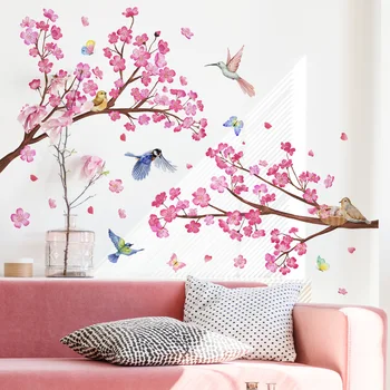 Rožinės gėlės Šakos paukščiai Gėlių sienų lipdukai miegamajam Svetainė Namų dekoras Rožiniai sienų lipdukai Mergaičių kambario tapetai Freskos