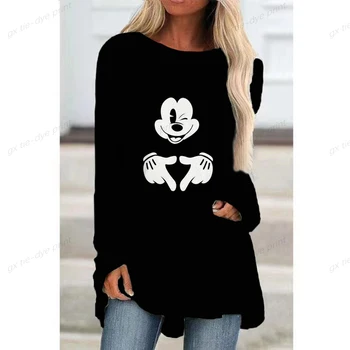 Rudens moterų mada Boho Disney Minnie Minnie Mickey Mouse Print Round Neck marškiniai ilgomis rankovėmis ir viršutiniai laisvi moteriški grafiniai marškinėliai