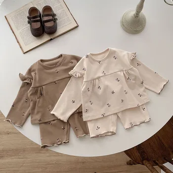 Rudens pavasaris 0-24M Kūdikių mergaičių drabužių komplektas ilgomis rankovėmis medvilnės marginti marškinėliai+Kelnės Mažylis Mergaitės pižamos kostiumas