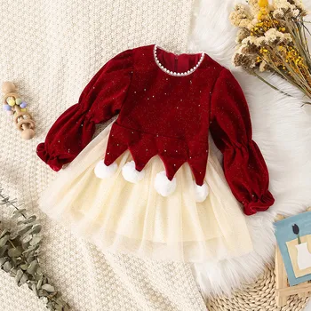 Rudens žiemos kūdikio suknelė Kalėdų mergaitė Princesės suknelė Ikimokyklinio amžiaus vaikų ilgomis rankovėmis Blizgučiai Vilnos tinklelis Sujungimas Saldūs kasdieniai drabužiai