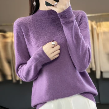 Ruduo ir žiema Naujas moteriškas megztinis 100% vilna Pusiau aukšto kaklo megztas megztinis Laisvas korėjietiškas mados vienspalvis moteriškas viršus