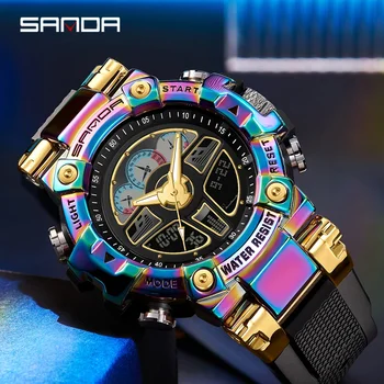 SANDA vyriški laikrodžiai sportiniai lauko vandeniui atsparūs kariniai laikrodžiai daugiafunkcinė taktika LED aliarmo chronometras spalvotas kvarcinis rankinis laikrodis