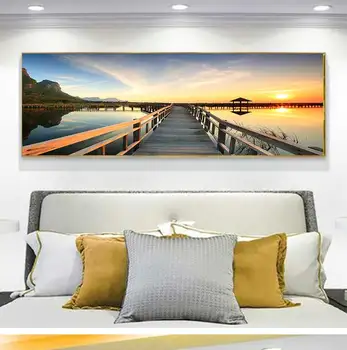 Saulėlydžio tiltas Medinis ežero peizažas Plakatai ir spaudiniai Drobė Tapyba Skandinavijos sienų menas Paveikslėlis svetainei