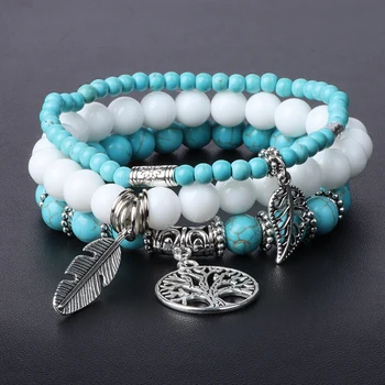 Set Stone Beaded Bracelet Lotus Wings Charms Agates Amethysts Elastic Yoga Bracelets Couples Bangle for Men Women Jewelry