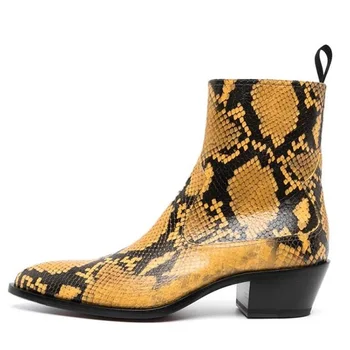 Sexy Snakeskin Chelsea Boots Python Printed Leather Block Heels Pointed Toe Mens Shoes High Top Winter Party Club Batai
