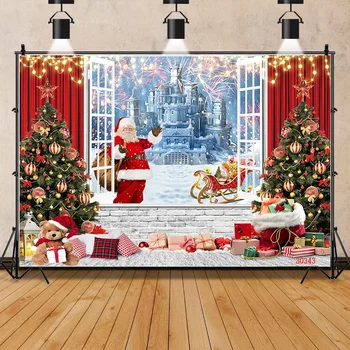 SHENGYONGBAO Kalėdų eglutės langas Vainiko fotografija Fonas Medinės durys Sniego senis Kino teatras Pušis Naujųjų metų fonas Prop PNT-02