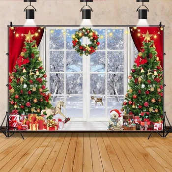 SHUOZHIKE Kalėdų eglutė Langas Vainikas Fotografija Fonas Medinės durys Sniego senis Kinas Pušis Naujųjų metų fonas Prop ZZ-24