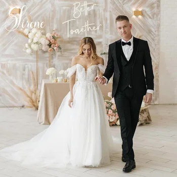 Sirene elegantiška nuo peties A linijos vestuvinė suknelė Balta tiulio nėrinių aplikacija be rankovių grindų ilgio vestuvinė suknelė 2024