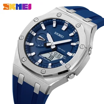 SKMEI Prabangūs originalūs laikrodžiai vyrams Casual Sport Chronograph Alarm Quartz WristWatch Leather Waterproof Digital Clock Male