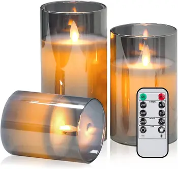 Stiklo baterija valdomos LED liepsnojančios žvakės su nuotolinio valdymo pultu ir laikmačiu Tikros vaško žvakės Šiltos spalvos mirganti šviesa festivaliui