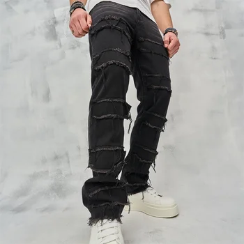 Streetwear Vyrai Laisvi Sukrauti sulieti tiesūs džinsai Kelnės Vyriškos stilingos hiphopo skylės Pleistras Džinsinės kelnės vyrams